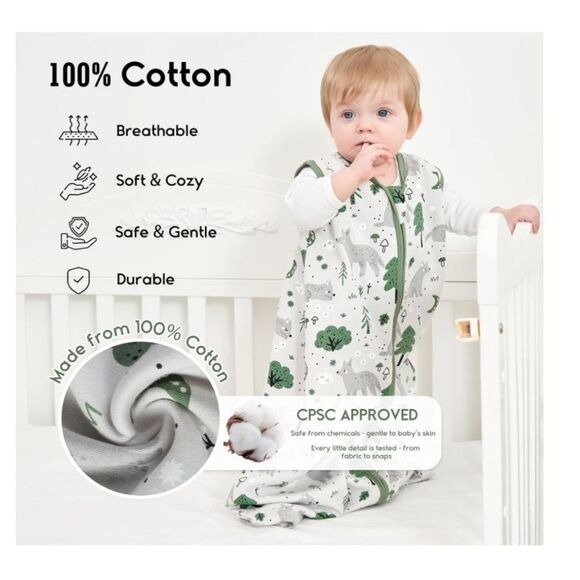 NEW Yoofoss Baby Sleep Sack 6-12 Mo Green Fox Print 100% Cotton Summer Wearable - Picture 1 of 5